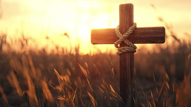 cross with rope at the sunset