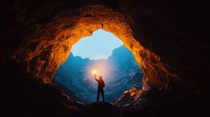 Explorer holding torch in mysterious cave adventure dramatic landscape retro poster warm tones