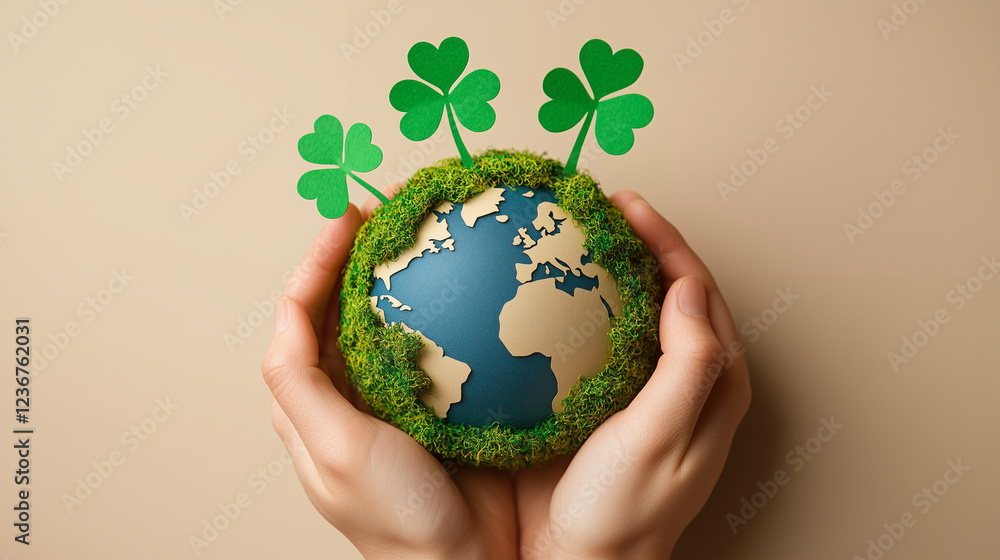 Aufkleber hands holding globe with moss and shamrocks. globe in hands with shamrocks. hands holding earth with