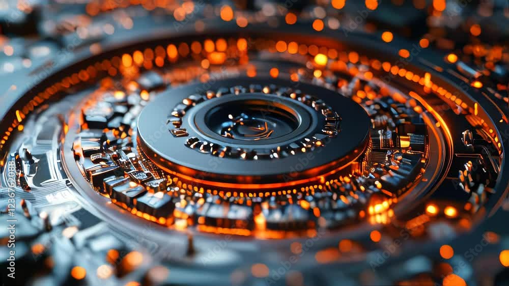 Poster a futuristic, illuminated hard drive or data storage component with glowing circuit elements