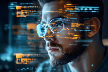 Programming coding and man with focus, hologram and trading with cyber security, futuristic and research. Male person, investor and employee with data analysis, server or investment with website info