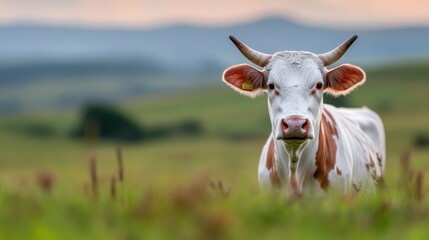 Cow grazing peacefully in a lush green meadow during sunset with soft mountains in the background