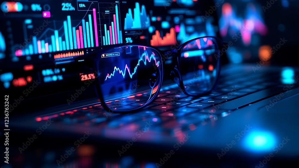 Poster financial charts and data overlay on a blurry background of glasses and a keyboard, showcasing a mod
