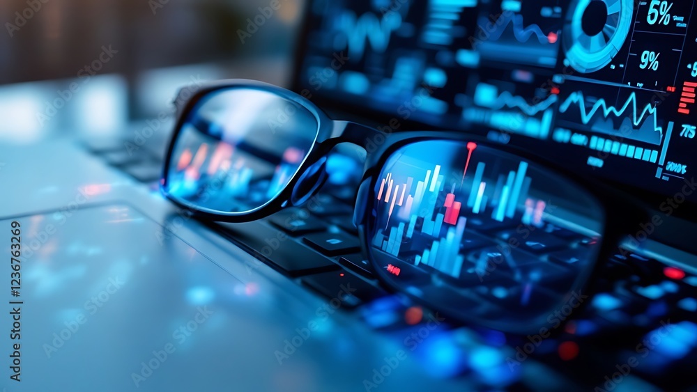 Poster financial charts and data overlay on a blurry background of glasses and a keyboard, showcasing a mod