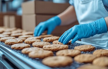Gloved hands carefully place freshly baked oatmeal cookies on a conveyor belt in a bakery.