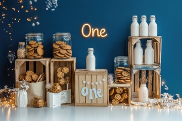 First Birthday Cookies Milk Rustic Wooden Crates Decor