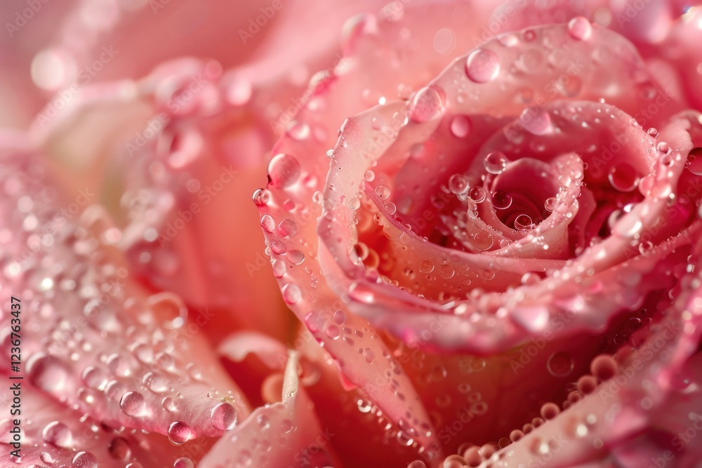 Wall mural Macro close up of beautiful pink rose petals with tiny water droplets