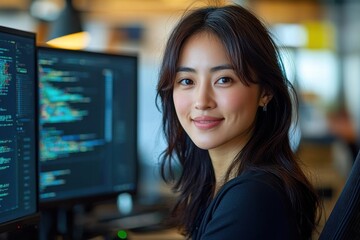 Young woman working at computer with code displayed in a modern office setting during daytime