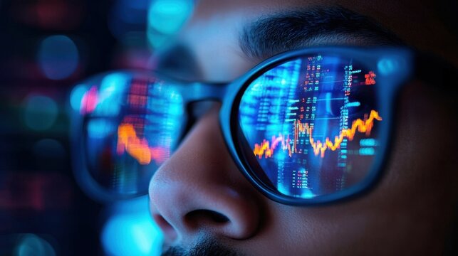 Analyst focused on financial trends looks through glasses reflecting stock market data in a modern office setting