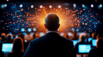 Fototapeta premium Innovative leadership conference sparks creativity tech center digital event futuristic environment audience perspective innovation concepts