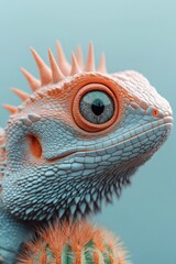 Fototapeta premium Colorful lizard with intricate scales and striking eyes against a soft blue background