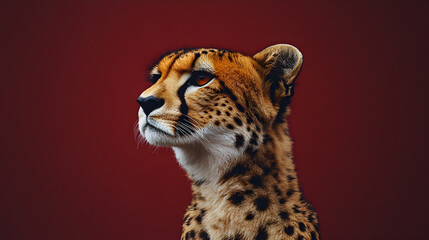 Young leopard standing confidently against a solid red background in a professional studio setting exuding elegance power and charisma ultra-detailed high-quality studio portrait