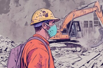 Construction Worker in Protective Gear Amidst Demolition Site with Heavy Machinery, Emphasizing Safety, Resilience, and Urban Development Impact in Modern Industry