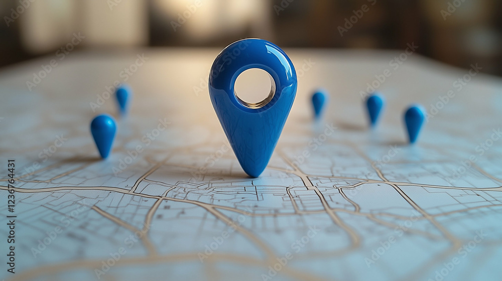 Poster map marker location pins on map. blue map markers on a map