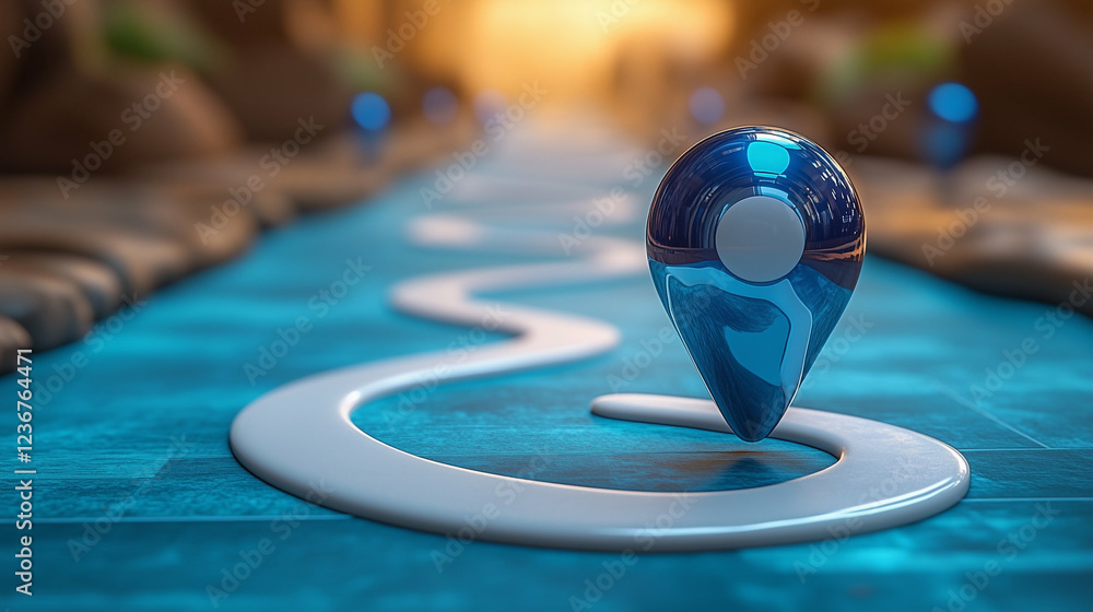 Poster location marker on a path with technology elements. location marker with a winding path on a blue su