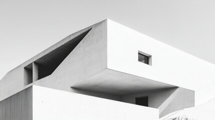 Fototapeta premium Minimalist white concrete building with geometric cutouts and shadows