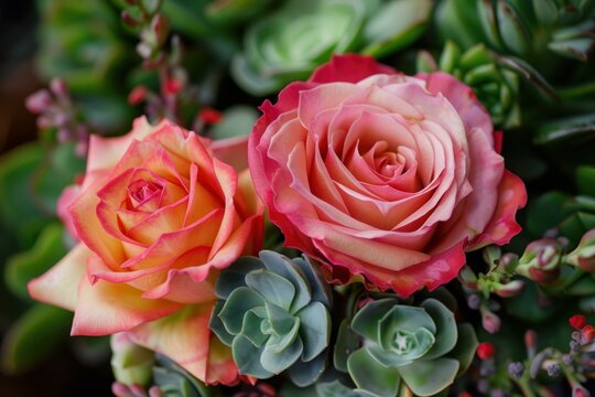 Peach and pink roses create a stunning contrast with green succulents in a beautiful floral arrangement