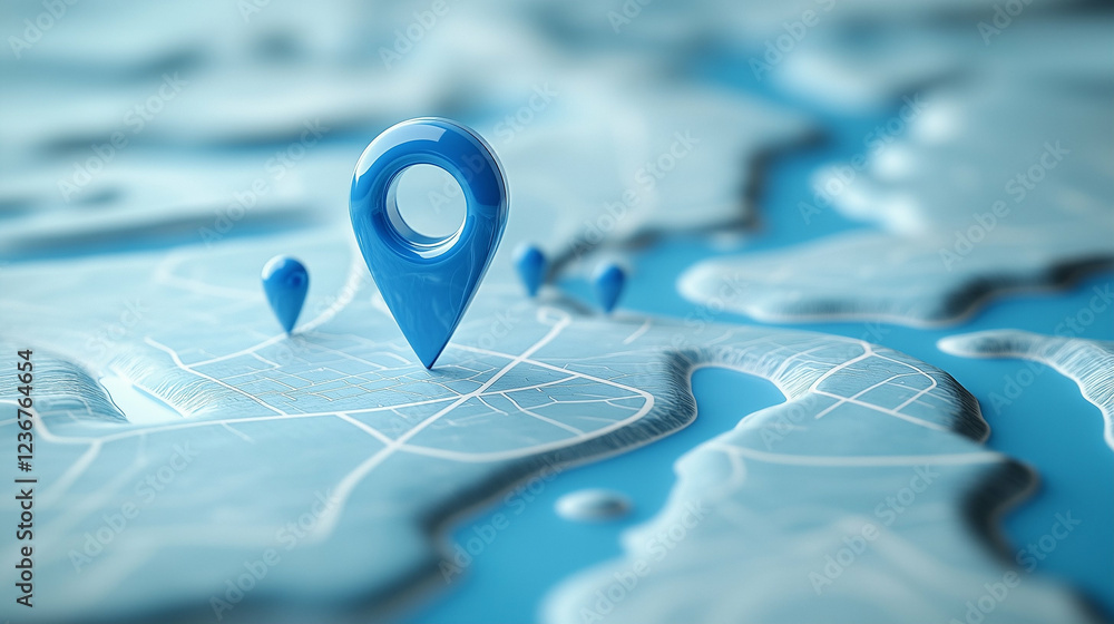 Poster blue map pin on a map. location mapping with blue map pins