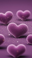 Fototapeta premium Purple plush hearts with glittering sparkles on a soft background