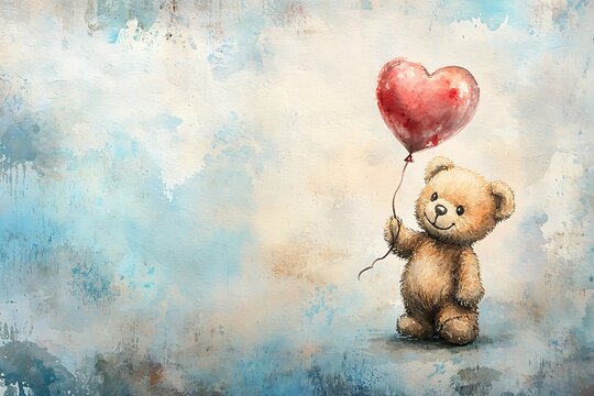 cute watercolor illustration of a teddy bear holding heart shaped balloon