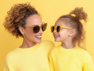 Close-up of a joyful mom and daughter laughing together matching sunglasses warm pastel yellow background bright and inviting