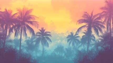 depicts silhouetted palm trees against a vibrant, gradient sunset sky. The colors blend from a warm orange-yellow at the horizon to a bright pink at the top. The palm trees are dark