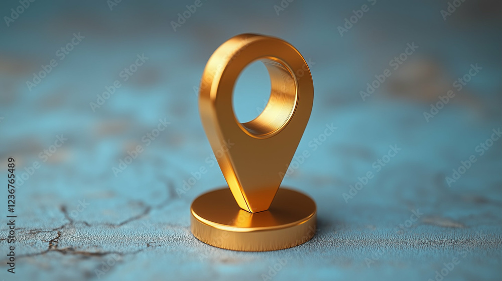Poster golden location pin on textured surface. location pin is golden and shiny. location pin is on a text