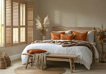 
A minimalist bedroom with an uncluttered and cozy feel, featuring wooden shutters on the left side of the room, a white bed in front of them adorned with beige bedding, orange pillows.