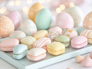 Obraz premium Delightful pastel candies and decorated eggs create festive atmosphere