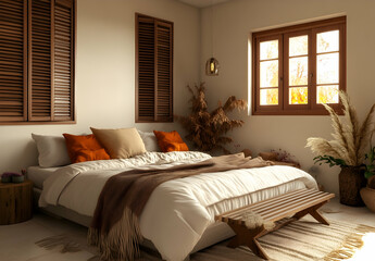 
A minimalist bedroom with an uncluttered and cozy feel, featuring wooden shutters on the left side of the room, a white bed in front of them adorned with beige bedding, orange pillows.