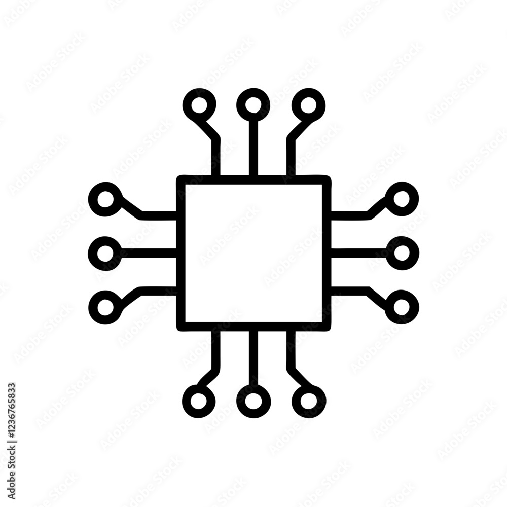 Poster computer chip icon, outline style on white. use for technology blogs, hardware reviews, and computin