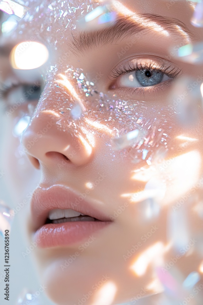 Poster the artwork features a subject's face illuminated by soft light, showcasing fragmented reflections a