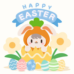 Adorable Easter Bunny in Carrot Costume with Colorful Eggs. Cute Easter Bunny Popping Out of an Egg with Festive Decorations. Happy Easter Illustration with Bunny, Flowers, and Painted Eggs.
