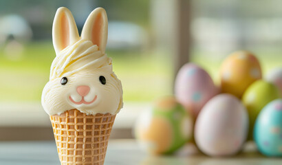 cute ice cream cone shaped like bunny with pastel colors, surrounded by Easter eggs