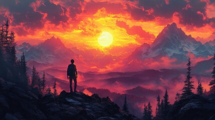 Breathtaking sunset view from the mountain peak with a lone hiker observing the vibrant landscape filled with trees and distant mountains