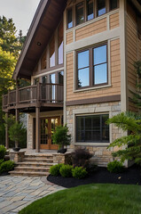 Luxury Modern Home Exterior: Stone and Wood Architecture,Landscaped Garden, and Spacious Balcony