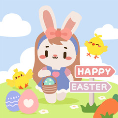 Cute Easter Bunny Girl with Basket and Happy Chicks. Adorable Bunny Collecting Easter Eggs in Spring Field. Happy Easter Illustration with Bunny, Chicks, and Colorful Eggs.