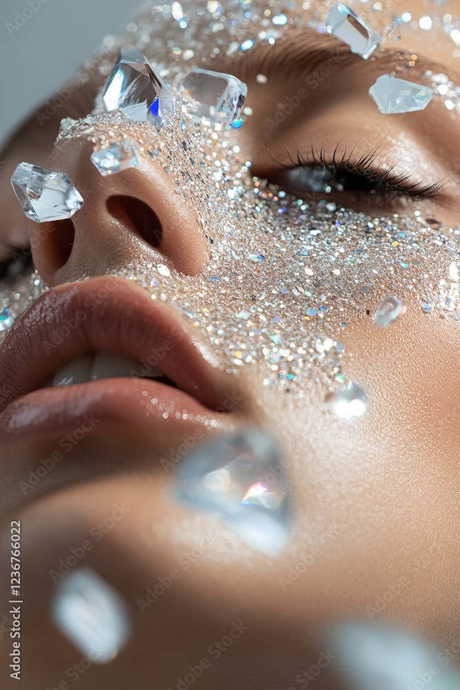 Poster The portrait features a close-up of a subject's face adorned with shimmering crystals that create fragmented reflections and captivating light patterns, enhancing the artistic effect