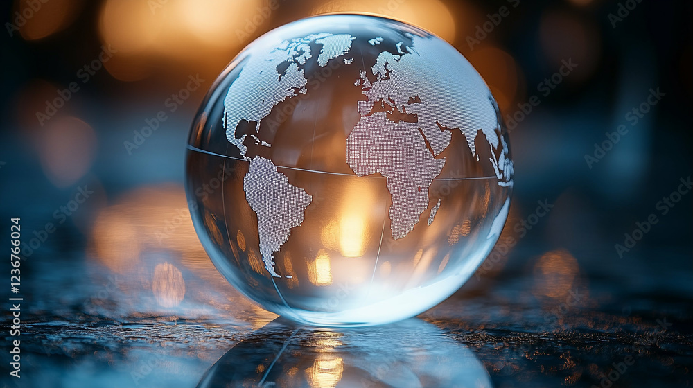 Poster glass globe with world map on a reflective surface. world globe with continents on a blurred backgro