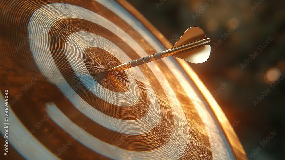 Poster dart hits center of dartboard target. golden dart on wooden dartboard with concentric circles. targe