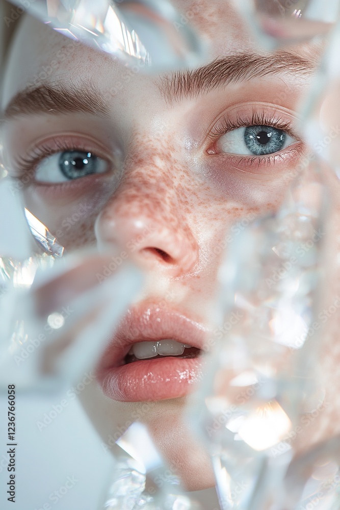 Poster reflections and light patterns dance across the subject's face, showcasing unique distortions and ab