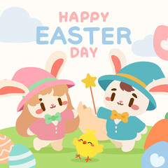 Cute Easter Bunnies with Magic Wands Celebrating Easter Day. Adorable Bunny Wizards and Baby Chick in a Joyful Easter Scene. Happy Easter Day Illustration with Cute Bunny Friends and Colorful Eggs.