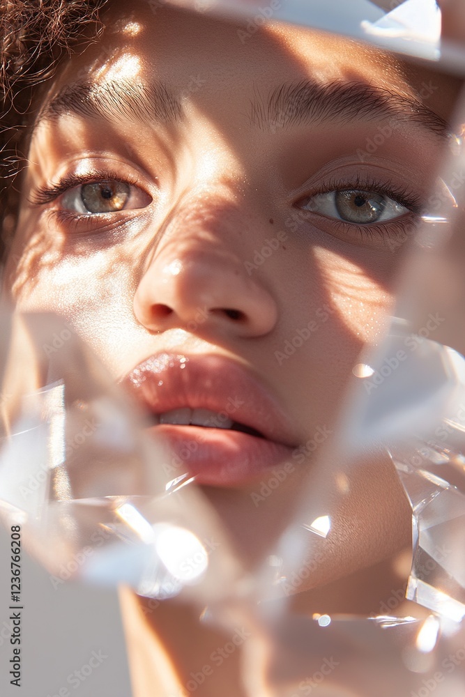 Poster light dances across the subject's face through prisms, creating striking reflections and abstract sh