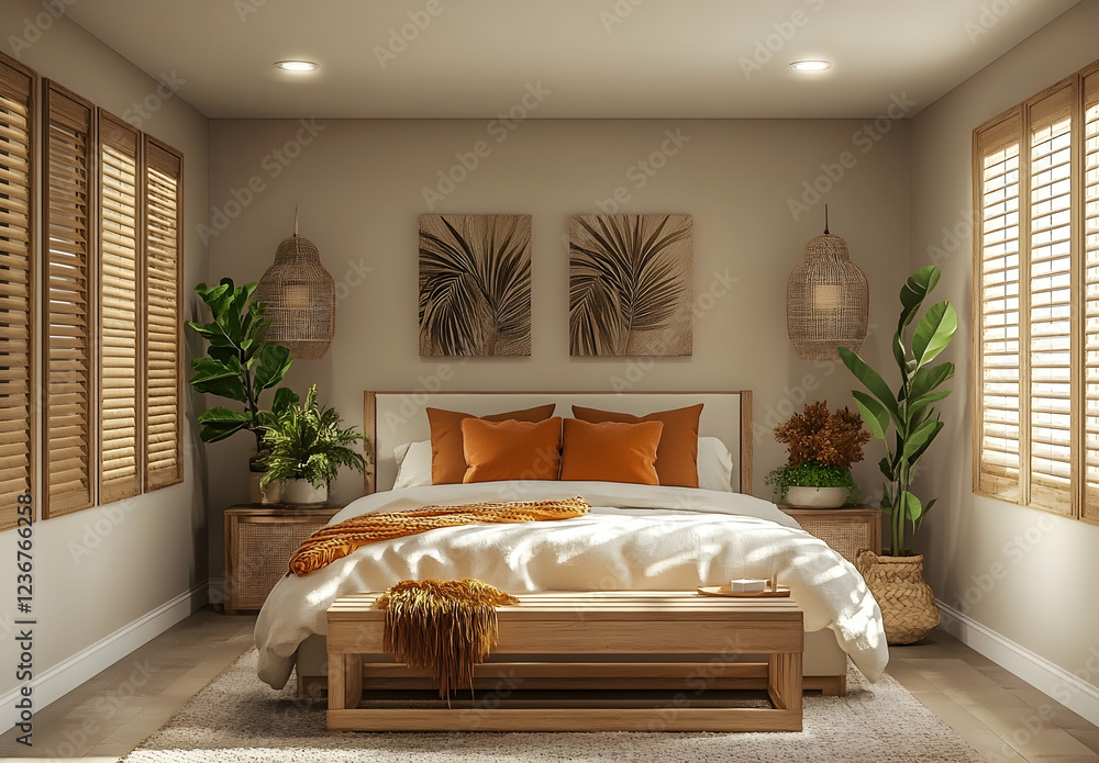 Wall mural 
A minimalist bedroom with an uncluttered and cozy feel, featuring wooden shutters on the left side of the room, a white bed in front of them adorned with beige bedding, orange pillows.