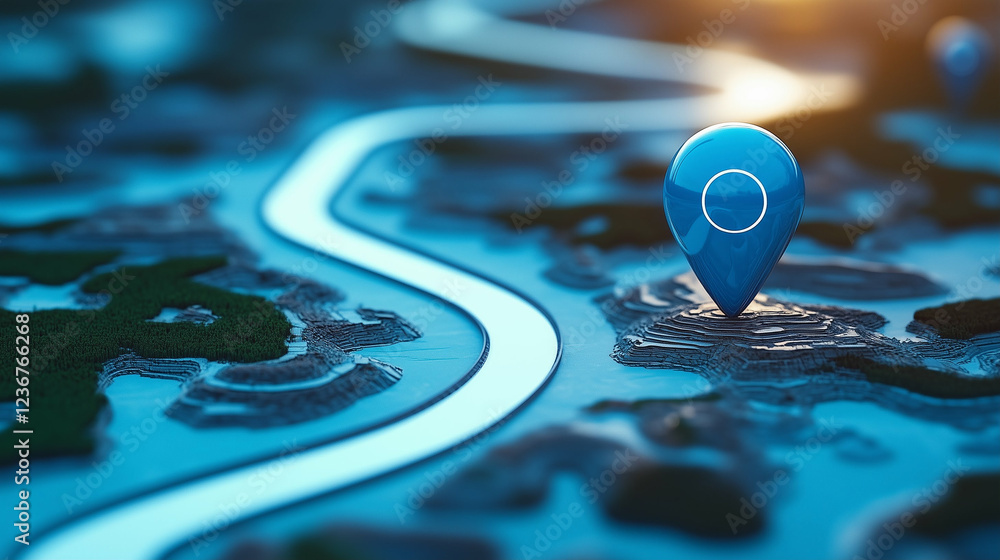 Poster blue map pin on a detailed map with a winding road. location pin on a map with a path and terrain