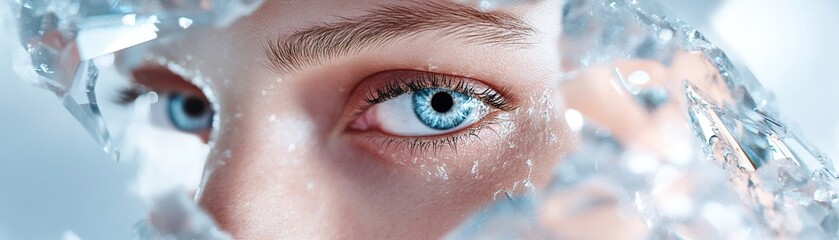 Obraz premium Fragmented reflections and distorted light patterns play across the subject's face, creating an abstract visual experience that highlights the vibrant blue eyes in a captivating manner