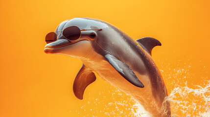 Cool dolphin wearing stylish sunglasses standing against a solid yellow background exuding confidence and charisma ultra-detailed high-quality studio portrait with a sleek and playful presence