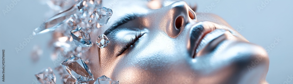 Poster reflections and distorted lens effects play across a tranquil subject's face, utilizing crystals to 