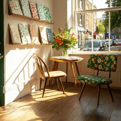 Fototapeta premium Vintage textile and art display in retro shop natural light cozy environment angled view inviting atmosphere