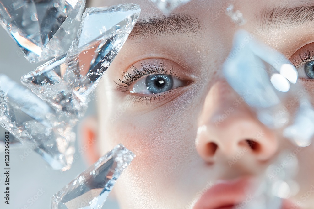 Poster creative portrait showcases the subject's face surrounded by shimmering crystals, producing unique l